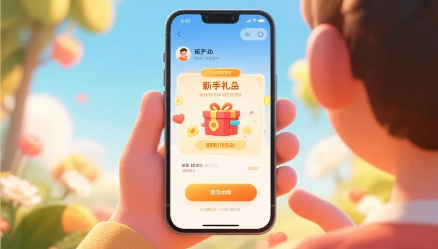 一张展示用户在移动设备上成功领取新手礼包的界面截图，画面温馨且富有活力