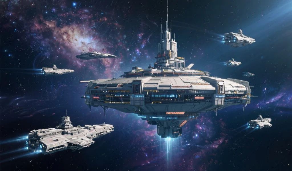 宏伟的太空基地漂浮在浩瀚星空中，周围有多艘太空舰队正在巡航，背景为璀璨银河