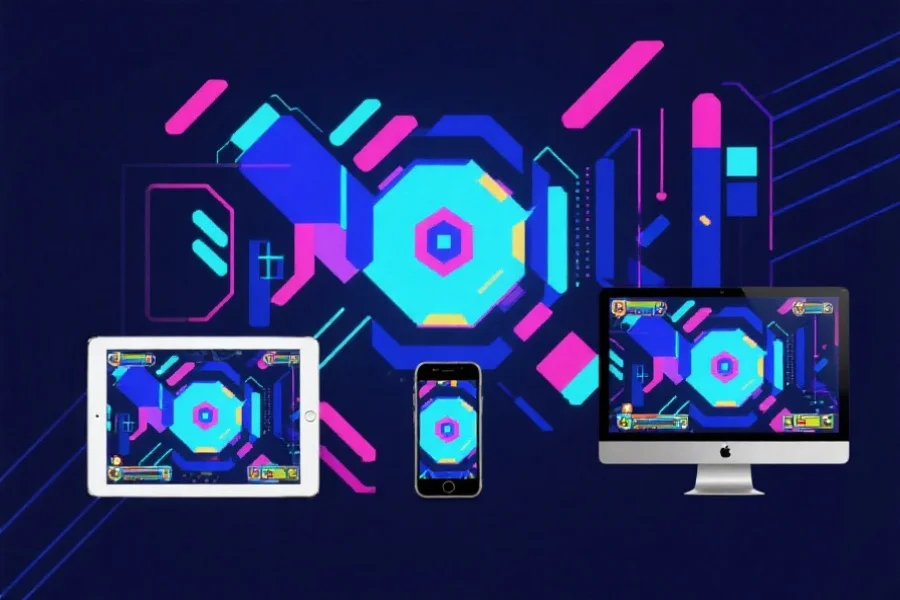 抽象图形表现H5技术连接手机、平板和电脑，三端同步运行游戏，科技感强烈