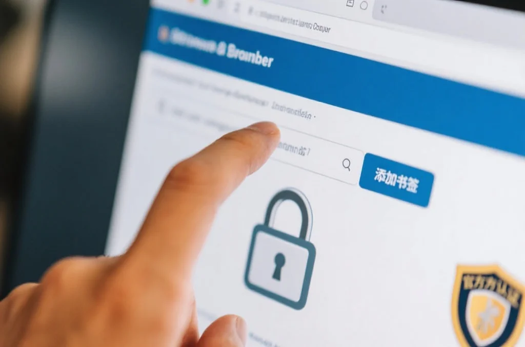 浏览器中显示一个带有安全锁标志的网址栏，旁边是一只手正在点击“添加书签”按钮，突出安全与官方认证